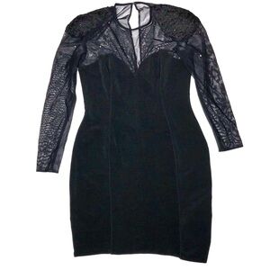Vintage 80s Black Bodycon Dress Mesh Sheer Lace Rhinestone Party Cocktail Size 6